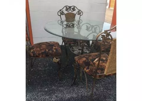 Glass-top Dining Room Table & Wicker Back Chairs